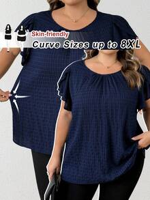 SHEIN CURVE+ 大码女式早春蓝色花瓣袖衬衫 - 藏蓝色 - 查看 1