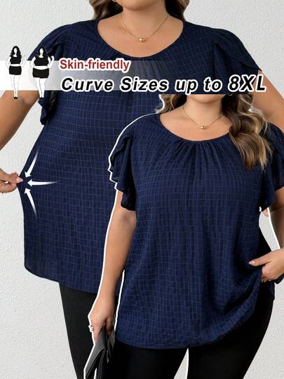 SHEIN CURVE+ Camisa de manga de pétalo azul para mujer de talla grande para principios de primavera