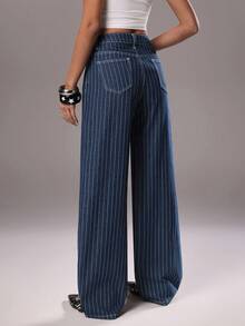 TRNVIE 休闲条纹低腰直筒牛仔裤 - 中等水洗藍 - 查看 2