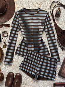 Easelle 女士休闲条纹纽扣针织上衣和短裤两件套家居服套装 - 彩色 - 查看 9