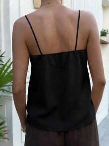 Livesso Áo tank top nữ màu đen phối ren và satin, kiểu dáng thường ngày, thích hợp cho mùa hè. - màu đen - Xem 2