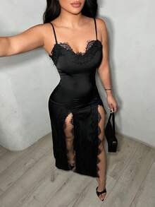 SHEIN SXY 优雅长款吊带裙，蕾丝边饰，开衩设计，收腰剪裁，非常适合派对和聚会。 - 黑色 - 查看 4