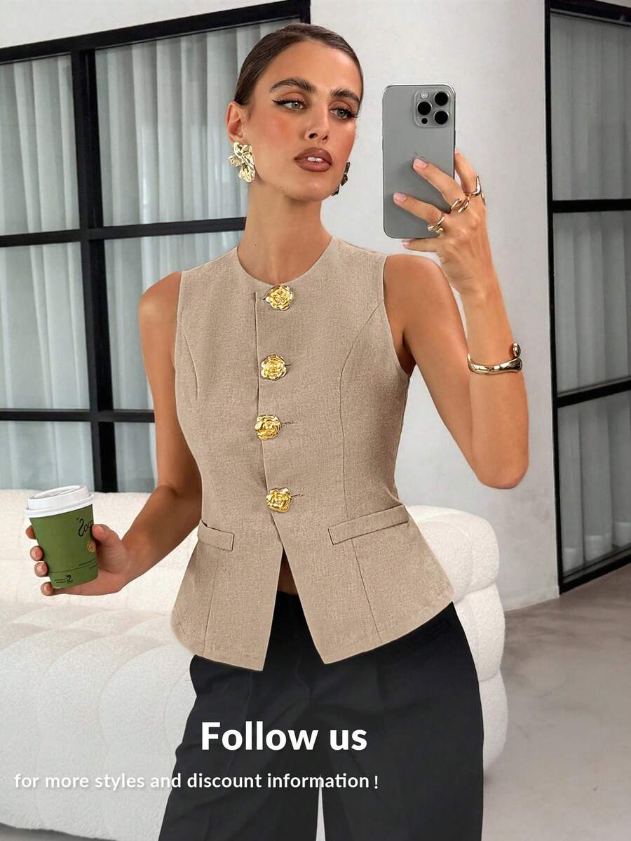 Lavishia 法式风格女士无袖背心，通勤装，金属大纽扣衬衫，夏季波西米亚机场风 - 駝色 - 查看 1