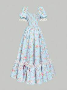 SHEIN MOD 粉色花卉蕾丝荷叶边花瓣袖连衣裙 - 淺藍色 - 查看 3