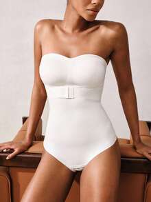 女士无缝一体式塑身吊带背心设计，前开襟，防滑，腰腹塑形，按扣裆部 - 白色 - 查看 10