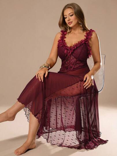 Auralis 大码女式性感蕾丝花网眼吊带裙，鱼骨腰设计