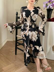 DAZY 女士优雅花卉V领喇叭袖套头衫和鱼尾裙两件套，春夏款 - 黑色 - 查看 4