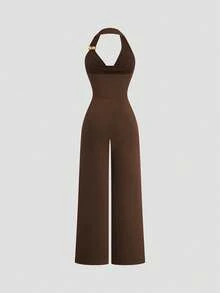 Sweetra Mono informal ajustado de verano para mujer talla grande, de unicolor, con tirantes finos y decoración metálica - Marrón - Ver 2