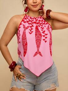 Travachic Plus Size Women Boho Summer Holiday Style Fish Print Halter Top - Red - View 6