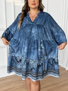 SHEIN CURVE+ 大码深V领印花短款休闲连衣裙，适合度假波西米亚风度假 - 彩色 - 查看 3