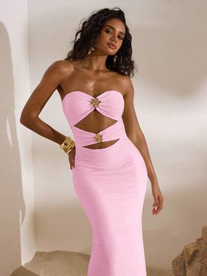 Opulessa Solid Color Knit Fitted Strapless Hollow Out Fishtail Dress For Women, Spring/Summer Vacation ,Summer Dress, Pink Sexy Dress