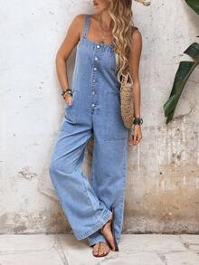 EMERY ROSE Women's Vacation Button Front Pocket Casual Denim Jumpsuit - Blue - View 1
