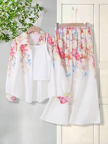 Conjunto de 3 piezas de ropa casual para adolescentes: Cárdigan con solapa, camisa con estampado, top corto ajustado, pantalones anchos con estampado, para primavera/verano, vacaciones, viajes - Blanco - Ver 1