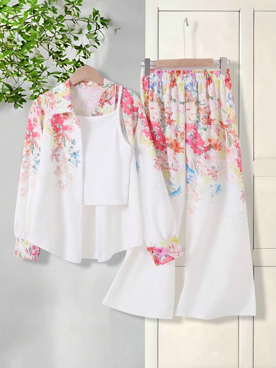 Conjunto de 3 piezas de ropa casual para adolescentes: Cárdigan con solapa, camisa con estampado, top corto ajustado, pantalones anchos con estampado, para primavera/verano, vacaciones, viajes - Blanco - Ver 1