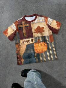 Manfinity Roghcode Men's Vintage Cross & Pumpkin Print Round Neck Short Sleeve T-Shirt - Multicolor - View 4