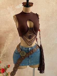 Soleia 春夏新款休闲度假西部海滩婚礼宾客着装毕业早午餐圣帕特里克节春假复活节音乐节优雅波西米亚热带露背串珠流苏仿珍珠装饰设计吊带背心，适合情人节派对 - 咖啡棕 - 查看 3