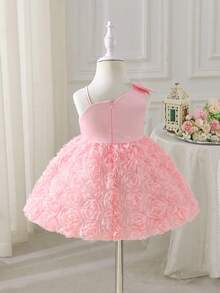 SHEIN Glamorique Kids 女婴花童伴娘礼服，婚礼，花童，优雅，3D玫瑰，生日派对，适合正式场合，生日拍照服装 - 粉色 - 查看 2