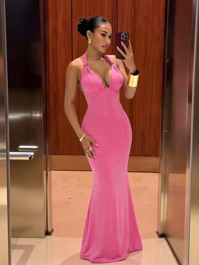 Slaydiva New Spring, Spring And Summer Music Festival, Valentine's Day, Easter Casual, Simple And Basic Style, Y2K Street, Sweet And Popular, Cruise Vacation, Daily Date, Hot Girl Style, Sexy Party, Halter Style, Knot Decoration, Cup Style, Slimming Style, Chest-Revealing, Cross-Back, Pink Super Long Dress, Women's Super Long Dress -C Spring Outfit Women Sexy Long Dress Tight Long Dress Bodycon Maxi Dress Long Pink Dress  Elegant Dresses For Women Vacation Dresses Valentine Dress Sexy Pink Dress