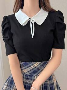 FRIFUL 女款春夏短袖拼色抽繩蝴蝶結時尚修身顯瘦百搭T恤 - 黑色 - 查看 5