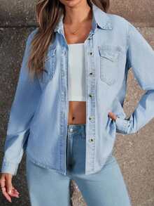 Selenza 大码女式翻领单排扣休闲百搭日常长袖牛仔衬衫 - 藍色 - 查看 3