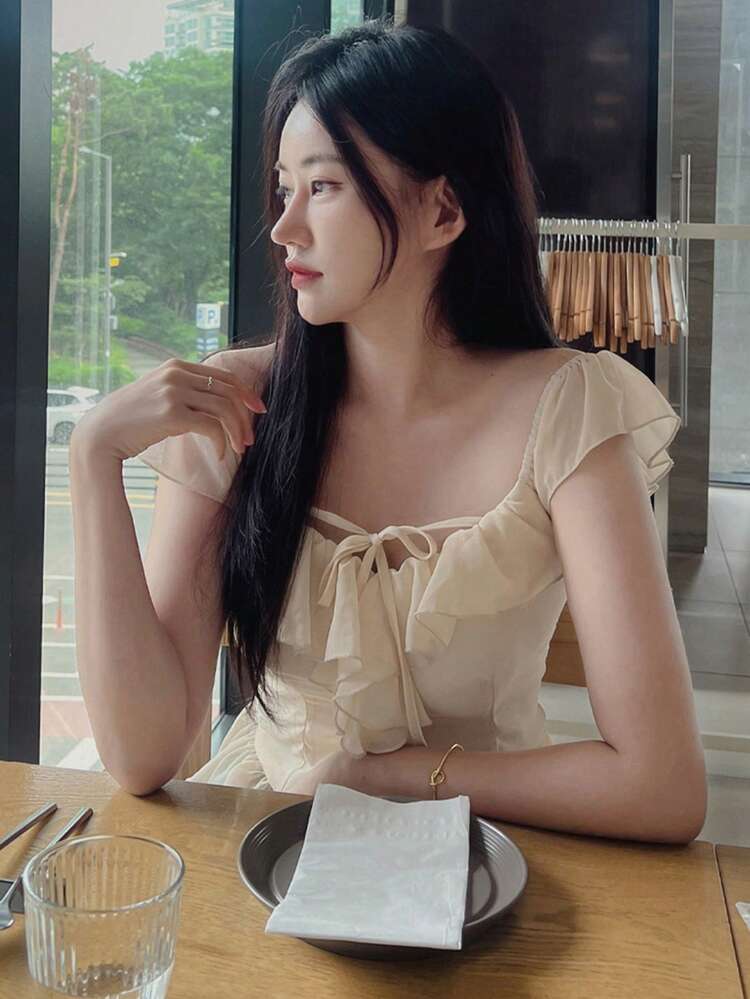 Women's Square Neck Ruffle Trim Waist Elegant Summer Blouse