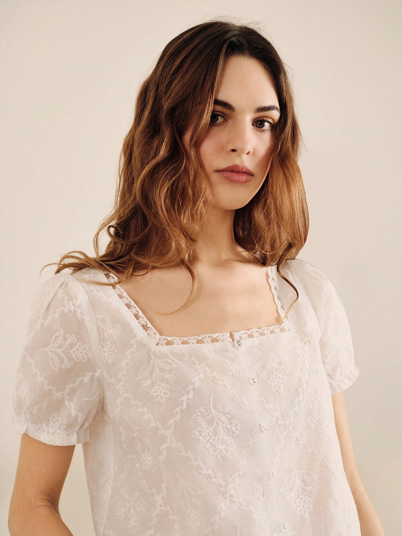 White Embroidered Blouse With Square Neckline And Lace Trim Boho Spring Summer French Style Parisian Style
