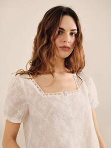 lacRébo White Embroidered Blouse With Square Neckline And Lace Trim Boho Spring Summer French Style Parisian Style - White - View 1