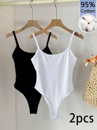 Tseoso 2 Packs 95% Cotton Casual Suspender Style Suitable For Slim-Fitting Women's Jumpsuits, Base Layer, Can Be Worn In All Seasons, Vintage, Cute Softgirl, Home, Back To School, Fall Women Clothes, Versatile, Country, Sports, Early Autumn, Casual, Basic Style