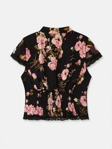 lacRébo 花卉图案修身短袖蕾丝细节女式衬衫，适合春夏度假海滩休闲时尚造型 - 黑色 - 查看 7