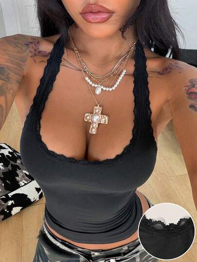 Coolane Women's Spring/Summer Streetwear Y2K Basic Daily Wear Going Out Casual Lace Patchwork Stretchy Crop Tube Top