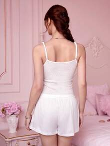Bonmuse 女士镂空爱心提花睡衣套装，U领蕾丝吊带背心和短裤，休闲舒适家居服，春夏款 - 白色 - 查看 2