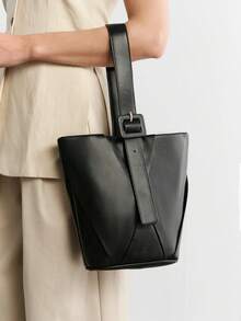 SHECARRY Tas Tangan Ember Anyaman Minimalis untuk Wanita - Hitam - View 1
