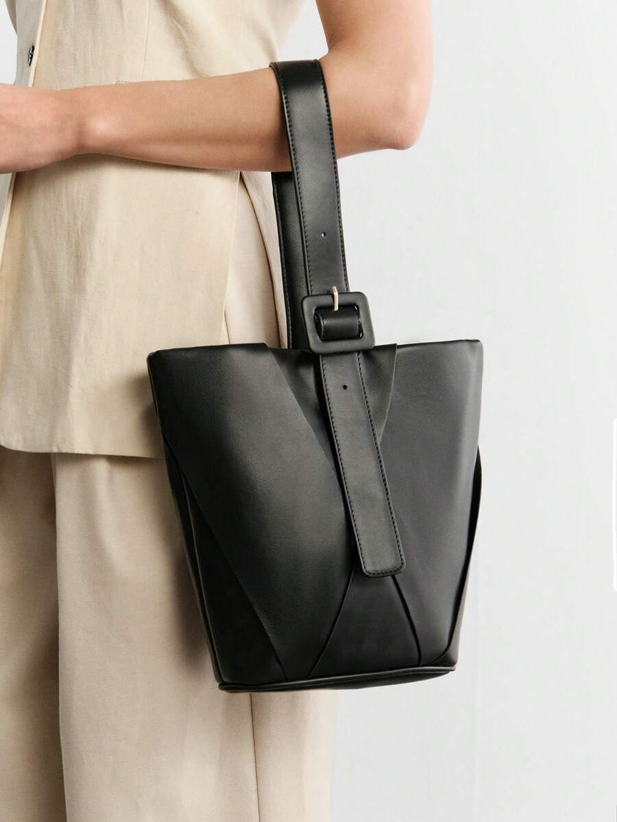 SHECARRY Tas Tangan Ember Anyaman Minimalis untuk Wanita - Hitam - View 1