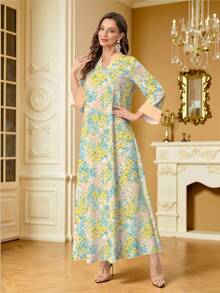 SHEIN Najma 黄蓝碎花V领开衩长袖连衣裙，优雅阿拉伯风度假日常穿着，春夏款 - 彩色 - 查看 3