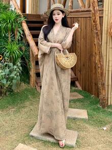 DAZY 女士印花深V领优雅长袖连衣裙夏季吊带裙 - 杏色 - 查看 3