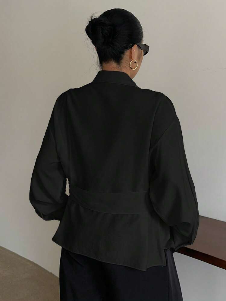 Dazy Plus Plus Size Women White Turndown Collar Half-Placket Drawstring Hem Long Sleeve Shirt, Spring & Autumn Summer