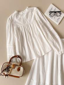 Muvela Áo len cổ tròn màu trắng mới cho mùa xuân/hè, có viền bèo nhún, thiết kế phối ren, dễ thương và ngọt ngào, thích hợp để mặc nhiều lớp, đa năng cho công sở, các sự kiện xã hội, phong cách Y2K. - trắng - Xem 6