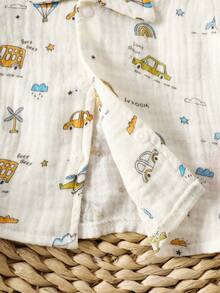 SHEIN Newborn Summer Cotton Outfit,Vehicle & Weather Print Collared Short Sleeve Shirt + Shorts Set Boy Baby Clothes - White - View 6