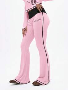 BABYPHAT Women Contrast Detail Flare Leggings High Waisted Wide Leg Yoga Pants Stretchy Lounge Bottoms Bell Bottom Style - Baby Pink - View 3