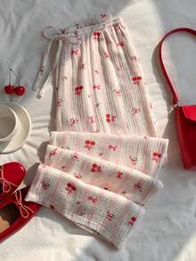 Comfortcana 2026春夏新款女士100%纯棉粉色樱桃印花长裤，适合女士度假、复活节、圣帕特里克节、派对、婚礼、毕业典礼、外出、优雅、休闲、奢华、正式、情人节、狂欢节、居家休闲、海滩等场合穿着。 - 彩色 - 查看 4