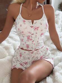 SHEIN Knitted Jacquard Bow Tie Criss-Cross Design Romantic Fitted Women Pajama Set - White - View 7