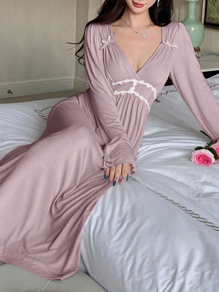 Romantic Ruched Design Floral Trim Waist Cinching Flounce Sleeve Dress, Spring Women Nightgown