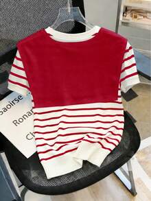 Resyla 女士新款春夏罗纹印花拼接纹理T恤两件套，法式休闲度假百搭红白罗纹T恤+围巾两件套，复古休闲可爱撞色红色T恤，适合日常、户外、通勤、度假穿着 - 紅白色 - 查看 2