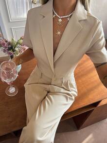 Livesso Women's Elegant Collared Short Sleeve Top And Casual Pants 2 Pieces Set, Summer - Apricot - View 1