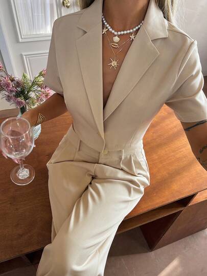 Livesso 2pcs Women Casual Polo Collar Short Sleeve Top And Pants Set