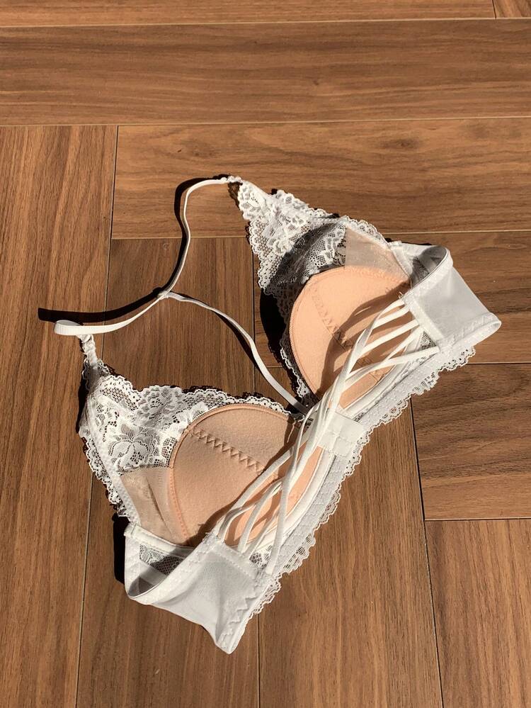 Lace Patchwork Halter Tie Adjustable Semi-Sheer Sexy Bra, Suitable For Summer & Spring