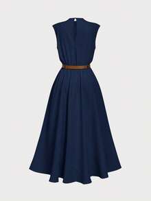 Firerie Kids NovaGlow Tween Girl Tween Girls Casual Chic Commuter Stand Collar Flared Waist Navy Blue A-Line Dress - Navy Blue - View 3