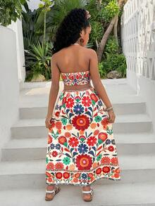 Tween Girl Tropical Print Cap Sleeve Bow Back A-Line Dress - Multicolor - View 2