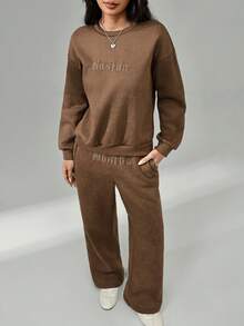 SHEIN PETITE 女款咖啡棕復古字母刺繡保暖內裡運動衫與運動褲套裝，冬季休閒居家服2件套，做舊風，適合嬌小女性 - 棕色 - 查看 8
