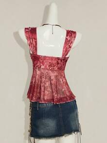 SHEIN ICON Áo tank top nữ in họa tiết cổ điển, viền lưới bất đối xứng - Màu Đỏ Sâu - Xem 2
